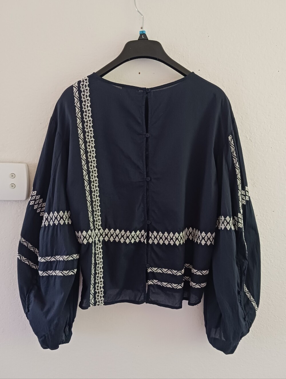JOIE Dark Navy Embroidered Balloon Sleeve Blouse - Picture 2 of 5